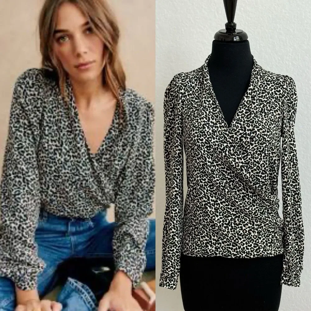 Sezane Abelia Cream Leopard Faux Wrap Blouse Long Sleeve Draped V-Neck Sz 34/XS